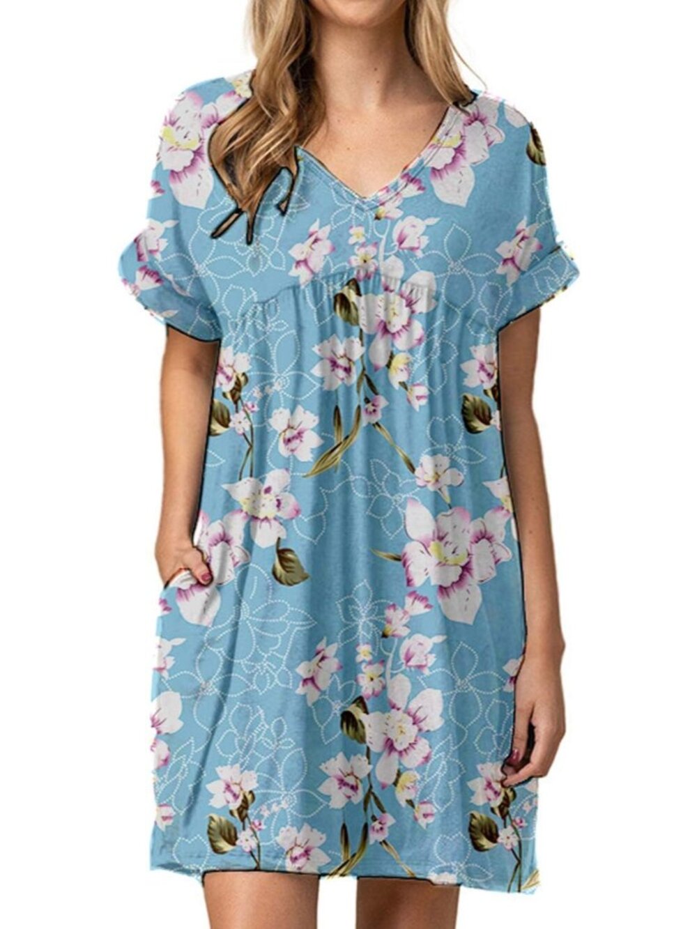 Women's Blue Print Tshirt Dress Casual Mini Tunic Ruched Summer Flowy Dress